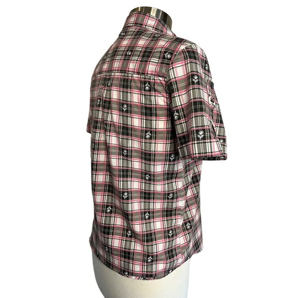 Adriana Delafield blouse medium short sleeve pink black pocket collar  FLAW - Picture 8 of 16